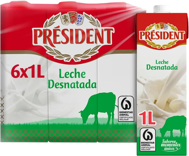 Président ▫️ Leite Desnatado, Leite Natural da Galiza, Fonte de Cálcio e Proteína, Sem Glúten, Bem-estar Animal, Embalagem 6 x 1 L