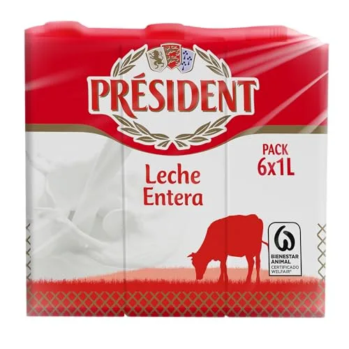 Président ▫️ Leite Presidente Integral, Leite Natural da Galiza, Fonte de cálcio e proteínas, sem glúten, bem-estar animal, embalagem de 6 x 1 L 2