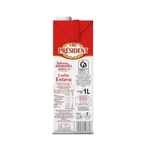 Président ▫️ Leite Presidente Integral, Leite Natural da Galiza, Fonte de cálcio e proteínas, sem glúten, bem-estar animal, embalagem de 6 x 1 L 6