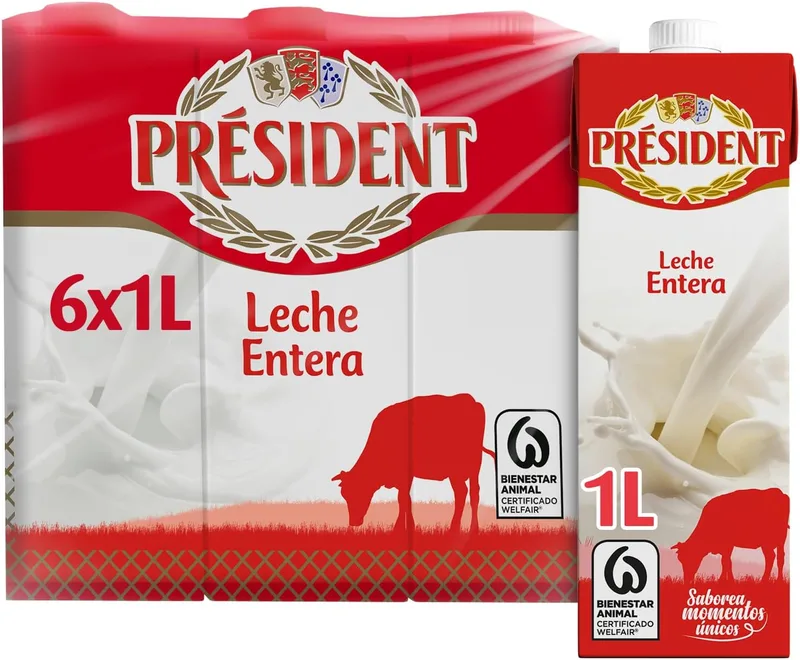 Président ▫️ Leite Presidente Integral, Leite Natural da Galiza, Fonte de cálcio e proteínas, sem glúten, bem-estar animal, embalagem de 6 x 1 L