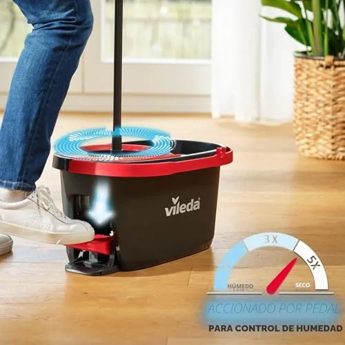 Vileda ▫️ Turbo, Conjunto de esfregona giratória e balde com pedal, Preto e Vermelho 3