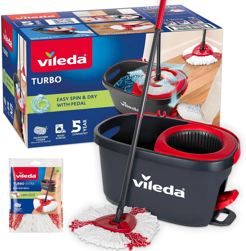 Vileda ▫️ Turbo, Conjunto de esfregona giratória e balde com pedal, Preto e Vermelho