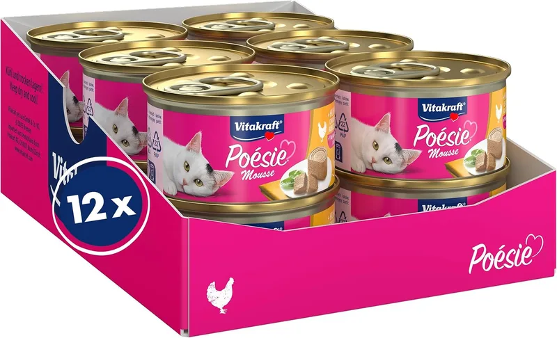 Vitakraft ▫️ Poésie Mousse, Comida húmida para gatos, mousse aerada com frango, em embalagem «Reserva», sem adição de açúcar (12 x 85 g)