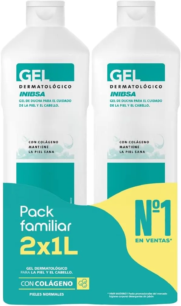 Inibsa ▫️ Gel de Banho Dermatológico Hidratante, para Pele e Cabelo, 2x1 L | Embalagem Económica, Melhora a hidratação para uma pele suave e lisa, com colagénio e lipoproteínas naturais, adequado para uso diário, pH 5,5