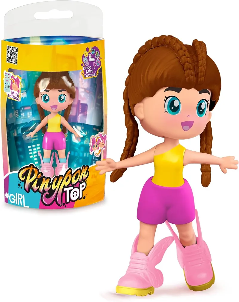 Pinypon TOP ▫️ Girls Morena, Boneca TOP Morena com Look Street Style, Boneca articulada de 11 cm com braços e pernas móveis, duas faces e roupa e sapatos intercambiáveis, a partir dos 4 anos, Famosa (PNN00200)