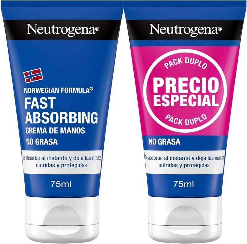 Neutrogena ▫️ Norwegian Formula Fast Absorbing Non Greasy Hand Cream (embalagem de 2 x 75 ml), creme de mãos reparador com glicerina e vitamina E, para mãos secas e gretadas.