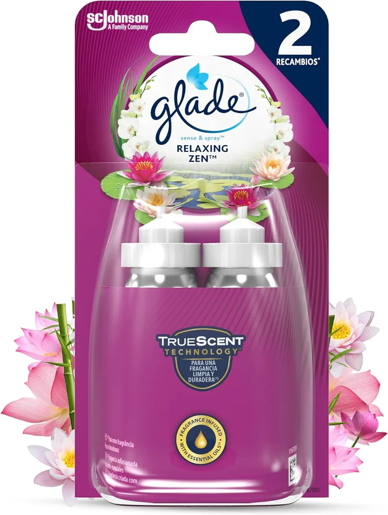Glade ▫️ Ambientador Automático Sense & Spray Relaxing Zen, com sensor de movimento, dura até 120 dias, com óleos essenciais, embalagem com 2 recargas