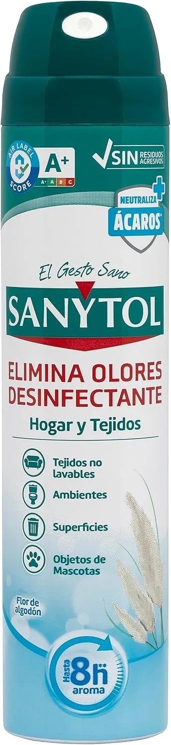 Sanytol ▫️ Desinfetante para o lar e para os tecidos, elimina as bactérias, os vírus e os fungos sem lixívia, Flor de Algodão - 300 ml