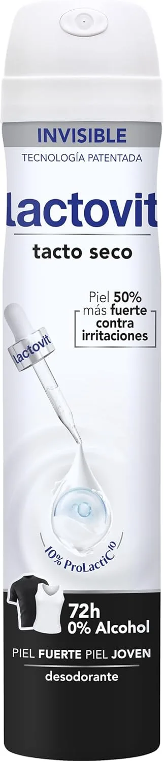 Lactovit ▫️ Spray Desodorizante Invisível Anti-Nódoas Extra Eficaz, 0% Álcool, Anti-irritação e Eficácia 72h, Spray Desodorizante Invisível com Proteína de Cálcio - 200 ml.