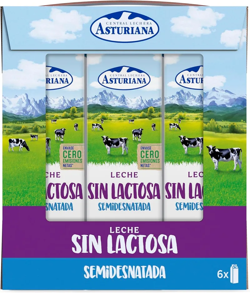 Central Lechera Asturiana ▫️ Leite meio gordo sem lactose, embalagem de 6 x 1L