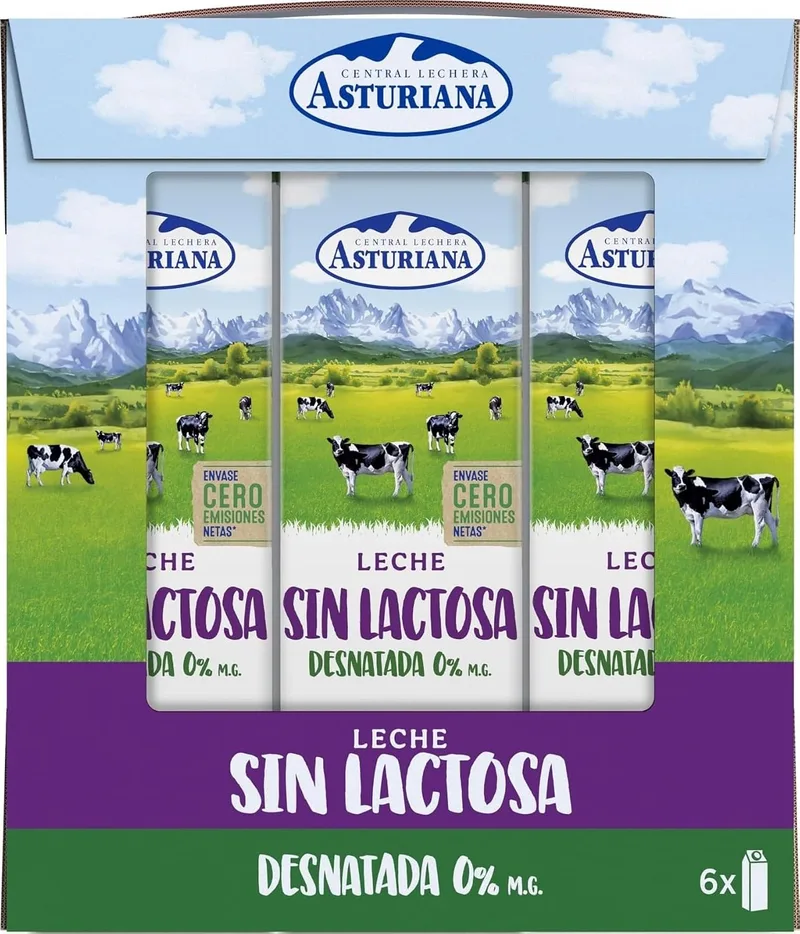 Central Lechera Asturiana ▫️ CLA Leite Desnatado Sem Lactose 0% Embalagem de 6 x 1 L