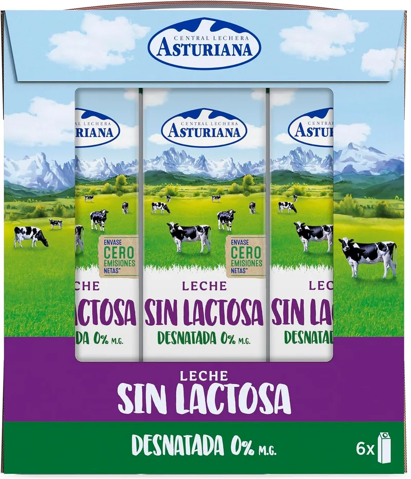 Central Lechera Asturiana ▫️ CLA Leite Desnatado Sem Lactose 0% Embalagem de 6 x 1 L