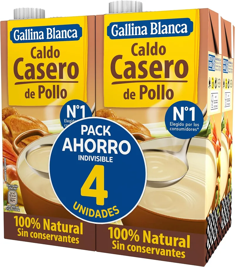 Gallina Blanca ▫️ Caldo de Galinha Caseiro 100% Natural - 1 L (Embalagem de 4) | Sem conservantes, sem glúten, com baixo teor de gordura