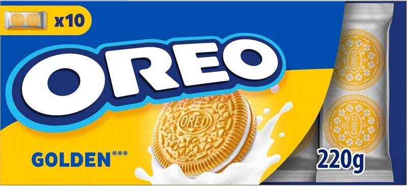 Oreo ▫️ Biscoitos dourados recheados com creme de baunilha Sabor baunilha 220g