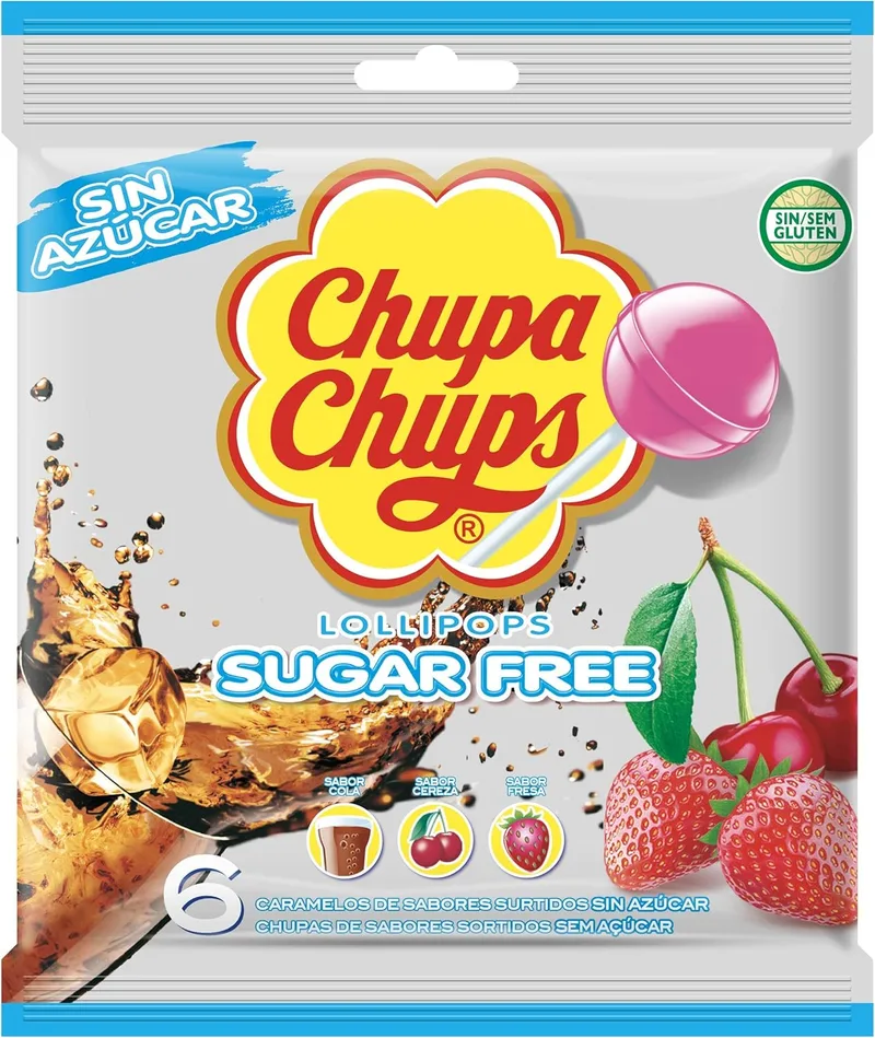 Chupa Chups ▫️ Caramelo sem açúcar com palitos de sabores variados, 6 x 11g