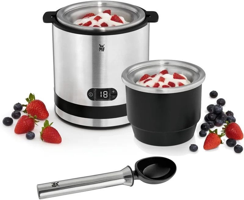 WMF ▫️ Kitchenminis - Máquina de gelados 3 em 1, iogurte congelado, sorvete, gelado, 12 W, visor de vidro, função de balcão, incl. colher de gelado, 300 ml, acabamento em aço inoxidável, cromado mate, acabamento cromado mate