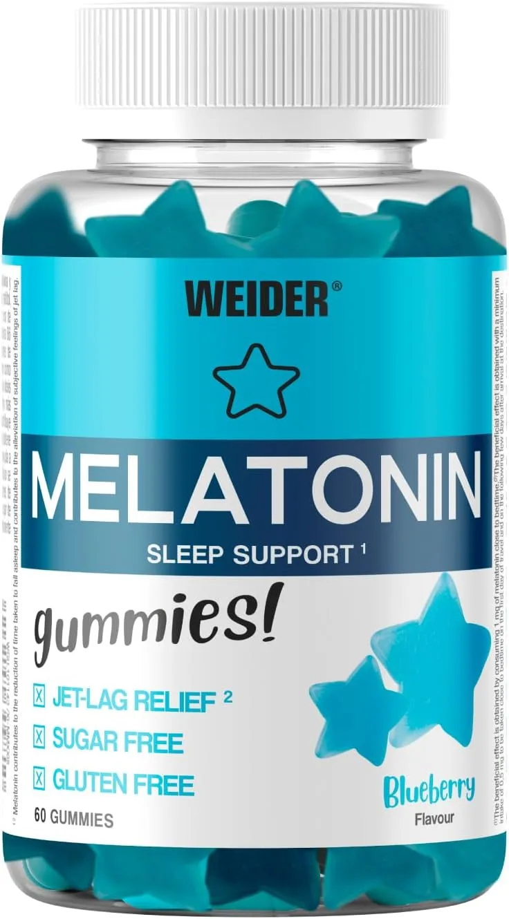 Weider ▫️ Melatonin Gummies (60 Gummies) Sabor a mirtilo. 1 mg de melatonina por goma. Sem açúcar e sem glúten. Ajuda a combater o jet lag e a melhorar a qualidade do sono.