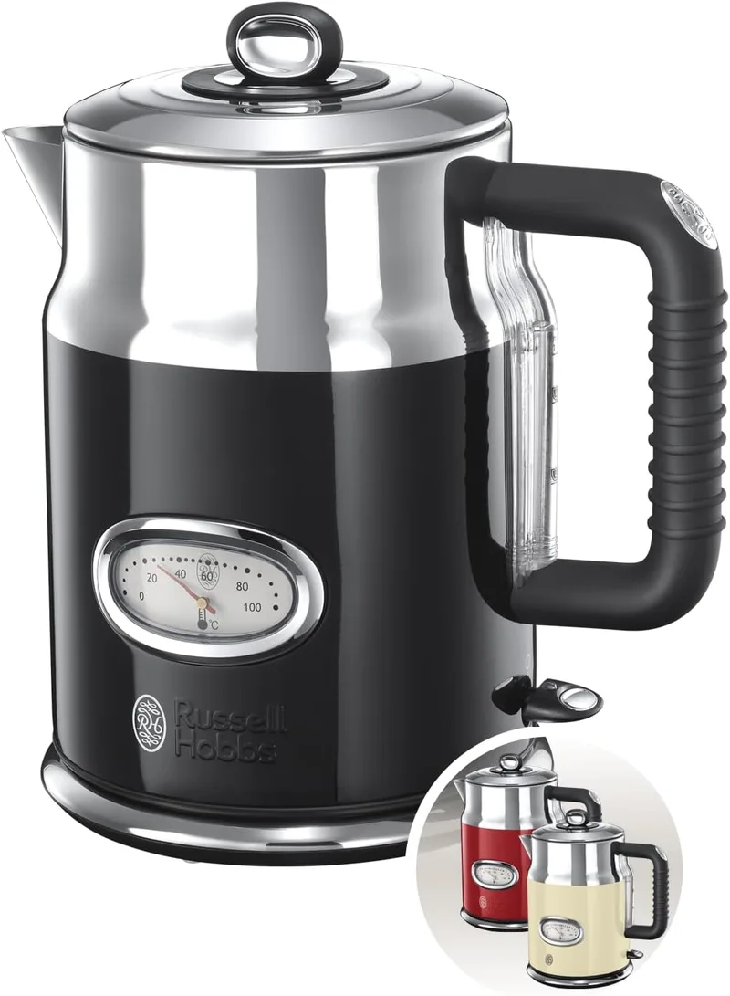 Russell Hobbs ▫️ Retro - Chaleira eléctrica (2400 W, 1,7l, aço inoxidável, preto) - ref. 21671-70