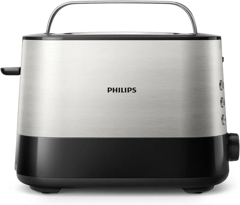 PHILIPS ▫️ Tostadeira Viva Collection, 2 ranhuras extra-largas, função integrada para pãezinhos, 7 níveis de intensidade, tabuleiro recolhedor de migalhas amovível, cinzento (metal) (HD2637/90)