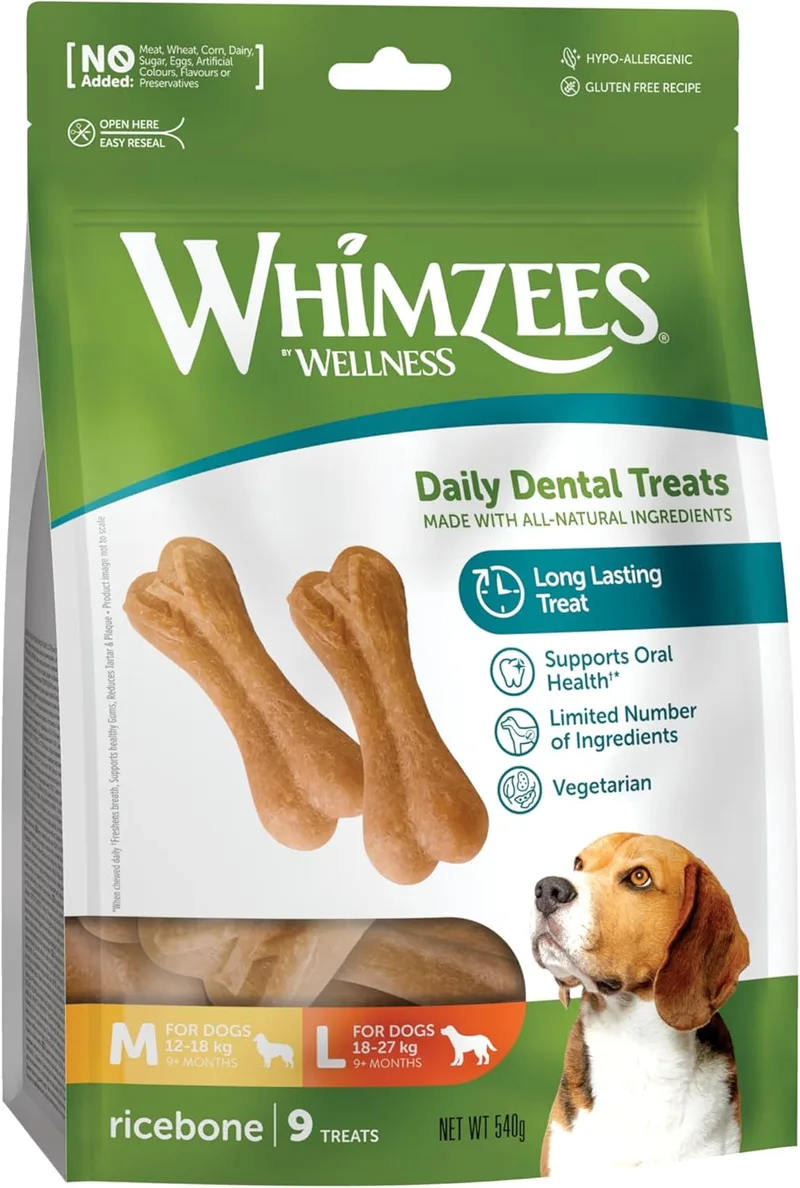 WHIMZEES ▫️ Rice Bones M/L, 9 peças - Tamanho M e L, guloseimas para cães médios/grandes, naturais e sem cereais, vegetarianos, sem adição de açúcares