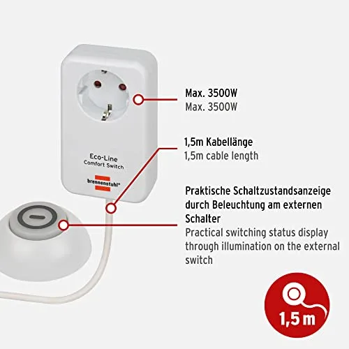 Brennenstuhl ▫️ Adaptador Eco Line Comfort Switch EL CSA 1 (tomada com interruptor manual/de pé iluminado, com proteção tátil melhorada, cabo de 1,5 m) 2