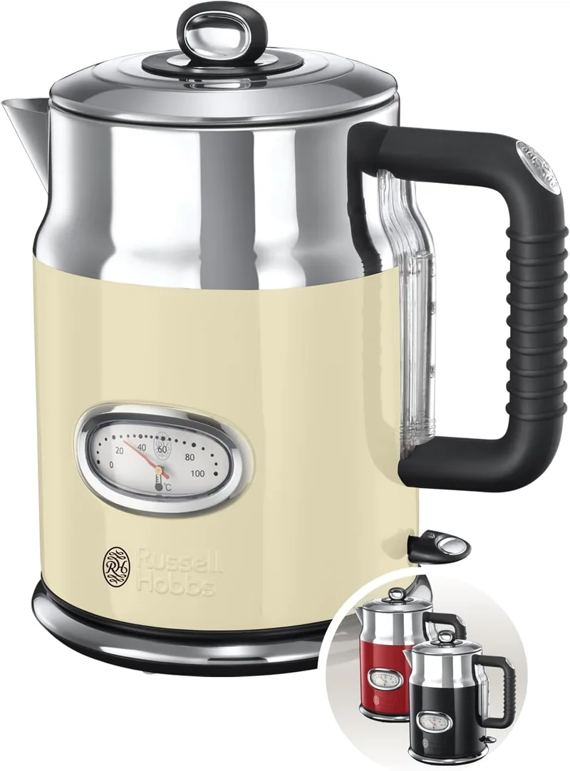 Russell Hobbs ▫️ Retro - Chaleira eléctrica (2400 W, 1,7 l, aço inoxidável, creme) - ref. 21672-70