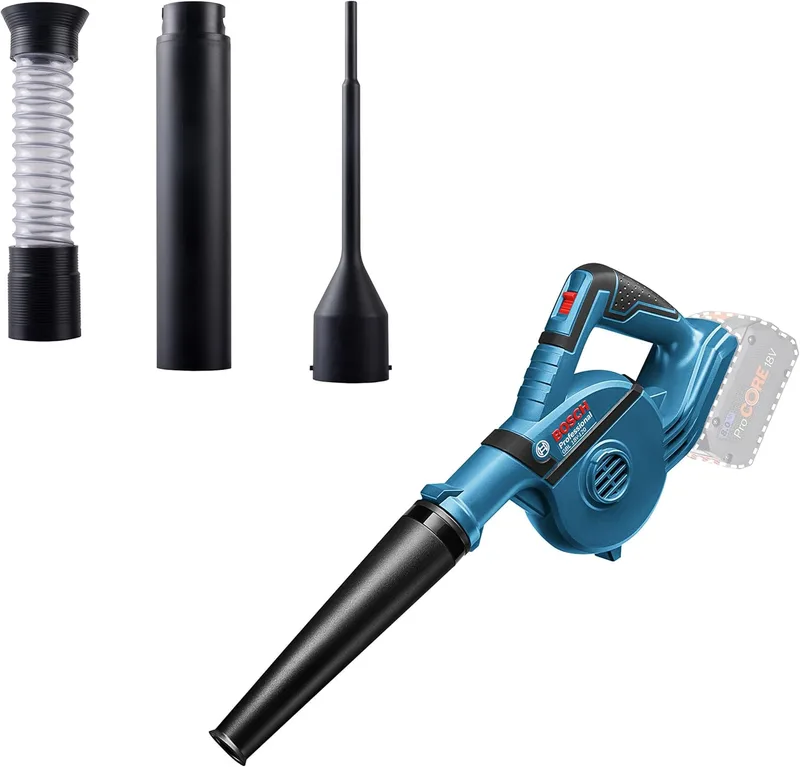 Bosch Professional ▫️ 18V System — soprador a bateria GBL 18V-120 (inclui 4 adaptadores, bocal padrão, tubo de extensão, bocal de profundidade, depósito de recolha de pó; sem bateria nem carregador)