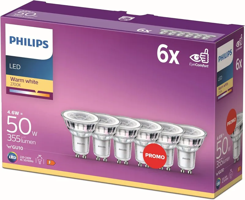 Philips ▫️ Lâmpada LED de cristal 50W, GU10, luz branca quente, transparente, não regulável, embalagem com 6 unidades [Classe de eficiência energética F]