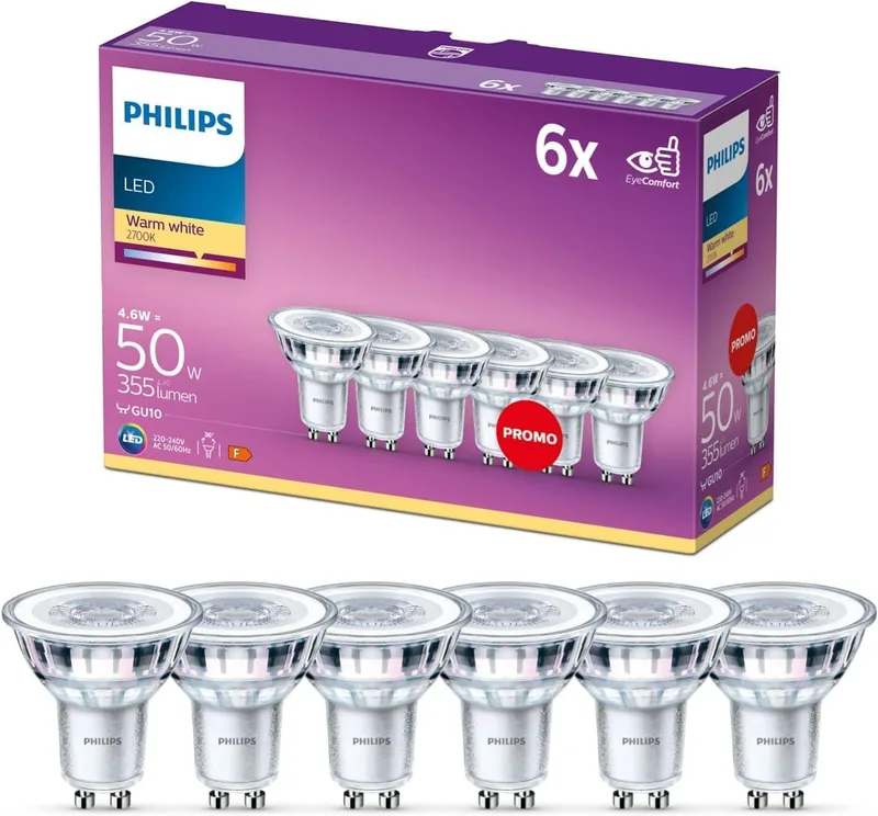 Philips ▫️ Classic Lâmpada LED PAR16 GU10 2700K 355 lm 4,6 W/50 W Branca, Embalagem de 6