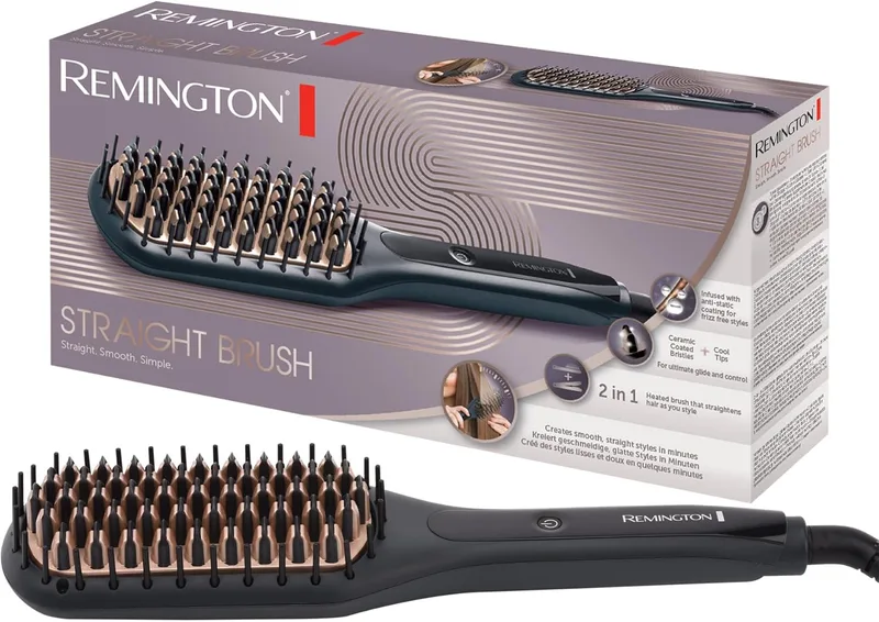 Remington ▫️ Escova reta cerâmica anti-estática avançada, 3 temperaturas até 230°C, cabeça da escova de alisamento fácil, interrutor de ligar/desligar, estojo de transporte, CB7400