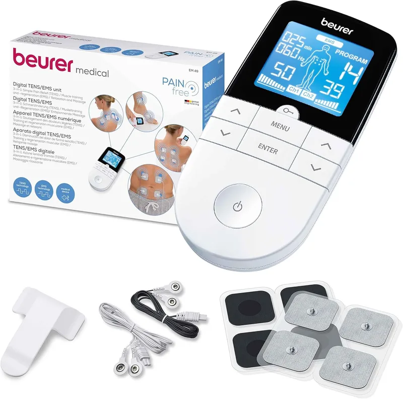 Beurer ▫️ EM 49 TENS/EMS digital, aparelho de estimulação elétrica 3 em 1 para alívio da dor e treino, com função de massagem, inclui 4 elétrodos, cor: branco