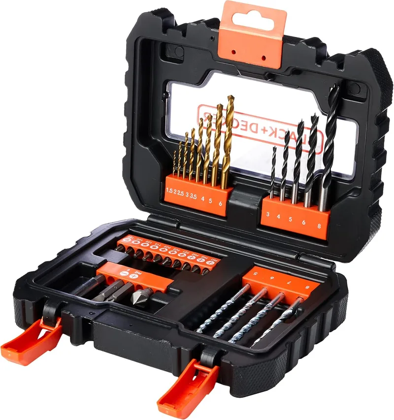 Black+Decker ▫️ A7233 A7233 Conjunto de berbequim e aparafusadora de 31 peças com mala de transporte fácil e brocas em titânio