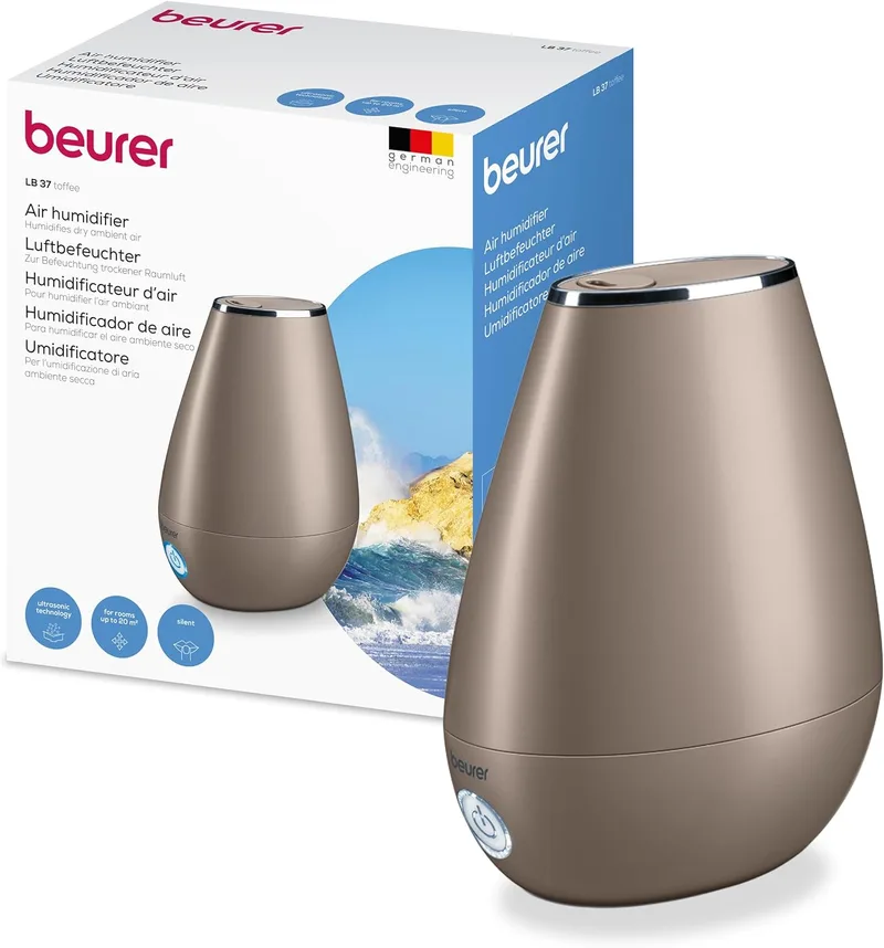 Beurer ▫️ LB 37 Humidificador por ultra-sons com difusor de aromas integrado, modo noturno silencioso para o quarto, depósito de 2 L para divisões até 20 m², caramelo