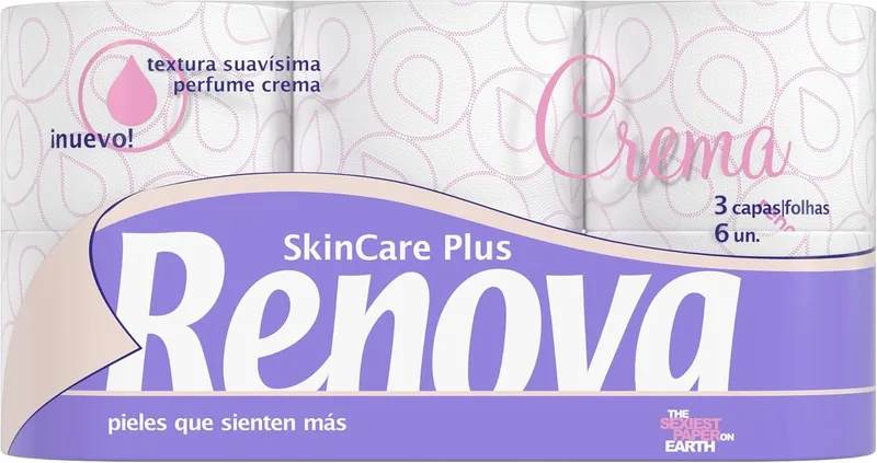 RENOVA ▫️ Skin Care Plus Papel Higiénico Decorado e Perfumado, 6 unidades (embalagem de 1) | Skin Care Plus, 3 camadas ultra-suaves, perfumado, decoração discreta, premium, 6 rolos XXL, 200 folhas e 23 m por rolo