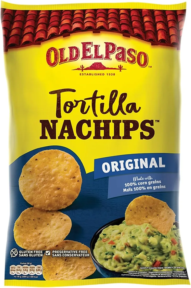 Old El Paso ▫️ Nachips Sabor Original, 100% grãos de milho, sem glúten, sem conservantes, estaladiço, ideal para partilhar com os amigos, 1 saco x 185g