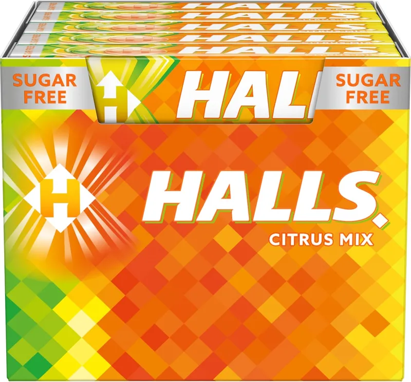 Respiral ▫️ Halls Citrus Mix, rebuçados sem açúcar, caixa de 20 palitos de 32 g