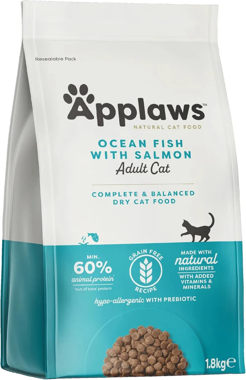 Applaws ▫️ Complete Natural Sem Cereais Peixe do Oceano com Salmão - Ração Seca para Gatos Adultos - Saco com fecho de 1,8 kg