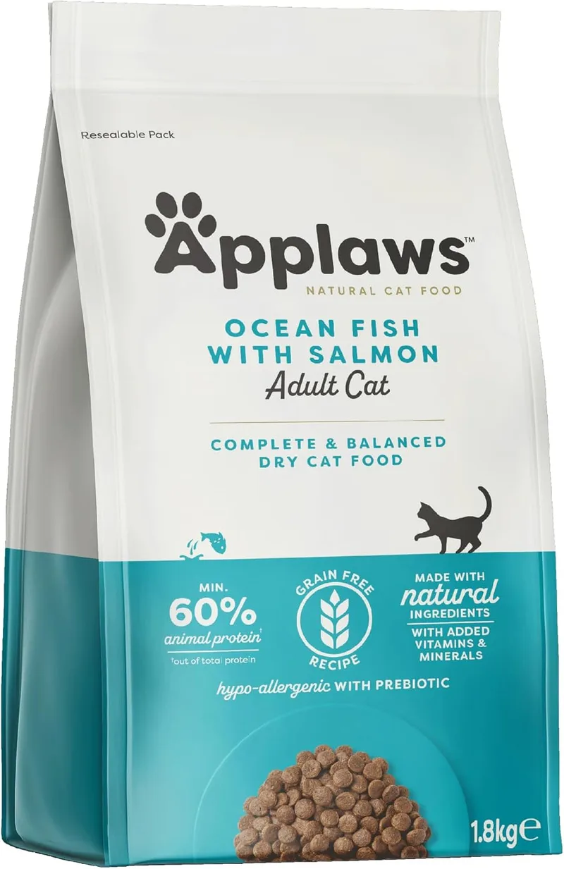 Applaws ▫️ Complete Natural Sem Cereais Peixe do Oceano com Salmão - Ração Seca para Gatos Adultos - Saco com fecho reutilizável de 1,8 kg