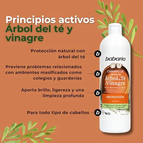 Babaria ▫️ Champô para Crianças sem Parabenos 700 ml | Champô de Árvore do Chá com Vinagre | Previne problemas relacionados com insetos que picam o couro cabeludo | Para todos os tipos de cabelo | Vegano 2