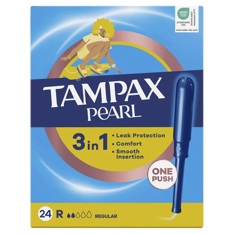 Tampax ▫️ Tampões Pearl Regular com Aplicador Suave, Embalagem de 24, 3 em 1: Proteção contra fugas, conforto e fácil inserção