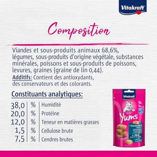 Vitakraft ▫️ Cat YUMS, guloseimas para gatos, snack macio para gatos recheado com salmão, em saco com fecho, tamanho para armazenamento, sem adição de açúcar (9 x 40 g) 6