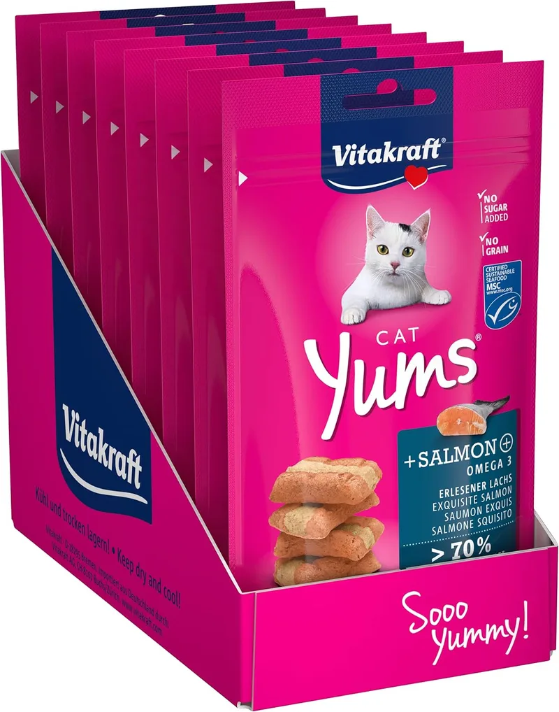 Vitakraft ▫️ Cat YUMS, guloseimas para gatos, snack macio para gatos recheado com salmão, em saco com fecho, tamanho para armazenamento, sem adição de açúcar (9 x 40 g)