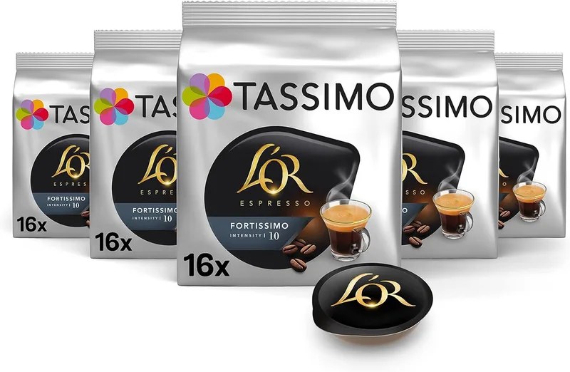 Tassimo ▫️ Cápsulas de café L’OR Espresso Fortissimo | 80 cápsulas compatíveis com a máquina de café - Intensidade 10 - Embalagem de 5 - Exclusivo da Amazon