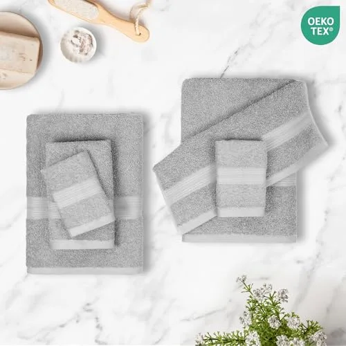 Amazon Basics ▫️ Conjunto completo de toalhas de banho 100% algodão: 2 toalhas de banho + 2 toalhas de mão + 2 toalhas de lavatório, cinzento, embalagem de 6 unidades 3