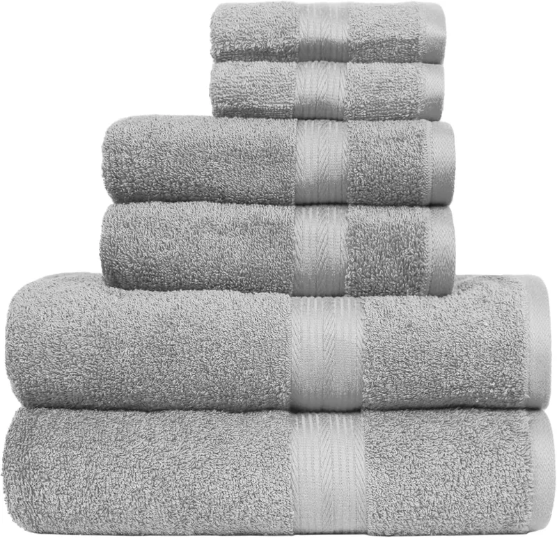 Amazon Basics ▫️ Conjunto completo de toalhas de banho 100% algodão: 2 toalhas de banho + 2 toalhas de mão + 2 toalhas de lavatório, cinzento, embalagem de 6 unidades