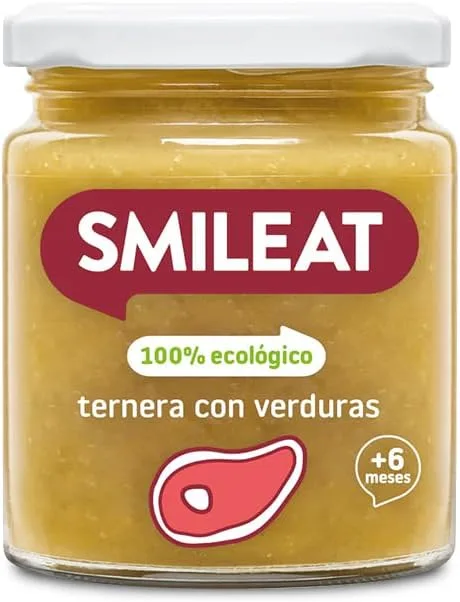 Smileat ▫️ Frasco com sabor a carne de vaca e legumes biológicos, ingredientes naturais, para bebés a partir dos 6 meses, saudável e completo, sem glúten - Frasco de 230 g
