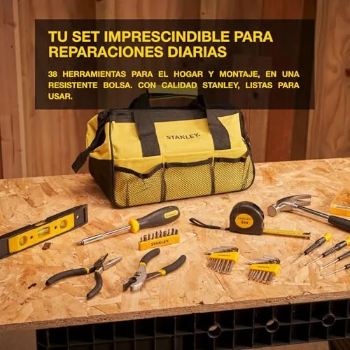 STANLEY ▫️ Conjunto de ferramentas de 38 peças com bolsa – Martelo, alicates, chaves de fendas, chaves Allen, fita métrica, nível e muito mais – Resistente e portátil – STMT0-74101 2