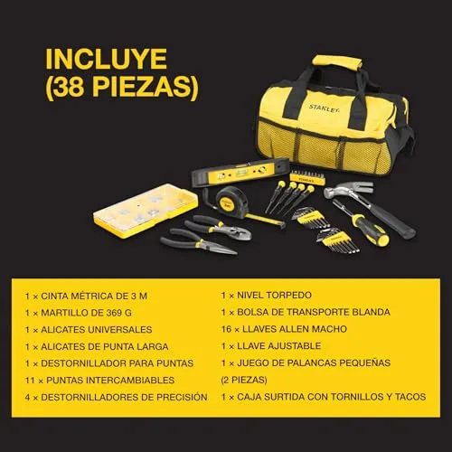 STANLEY ▫️ Conjunto de ferramentas de 38 peças com bolsa – Martelo, alicates, chaves de fendas, chaves Allen, fita métrica, nível e muito mais – Resistente e portátil – STMT0-74101 4