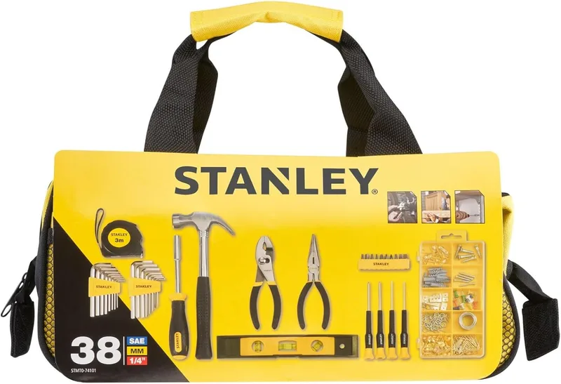 STANLEY ▫️ Conjunto de ferramentas de 38 peças com bolsa – Martelo, alicates, chaves de fendas, chaves Allen, fita métrica, nível e muito mais – Resistente e portátil – STMT0-74101