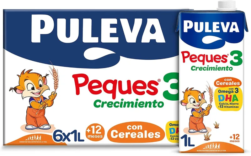 Puleva ▫️ Peques 3 com Cereais e Leite para o Crescimento +12 Meses, Embalagem de 6 x 1 L